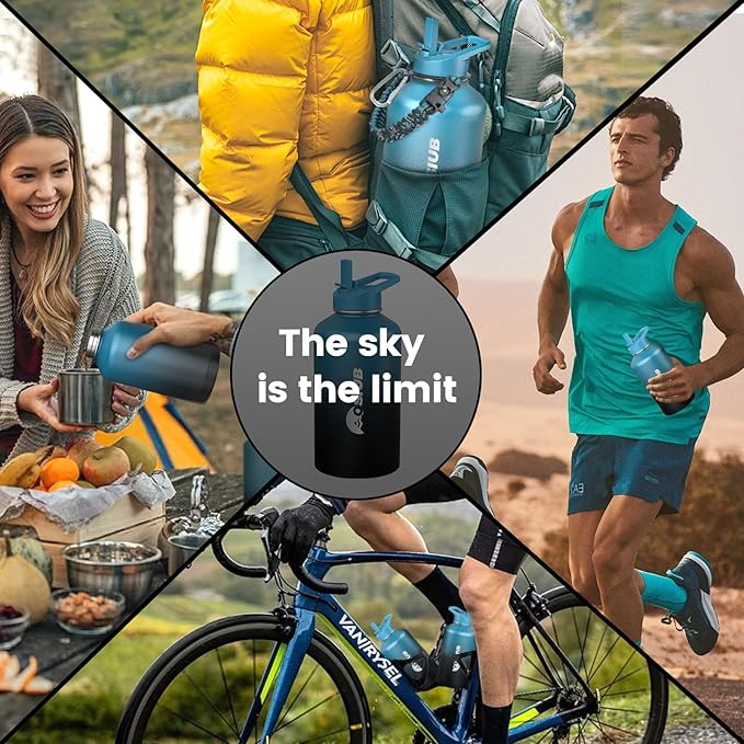 Insulated Water Bottle 64 oz, Triple Wall Vacuum Stainless Steel(Cold for 48 Hrs),Leak Proof & BPA-Free,Half Gallon Water Bottle with Reflective Paracord & Flip Straw for Sports & Travel, Indigo-Black