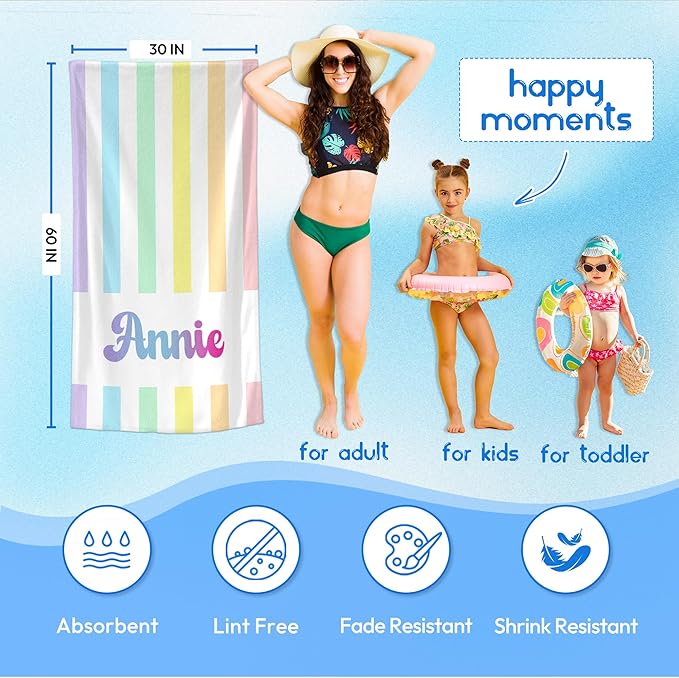 JML Personalized Beach Towel with Name, Custom Rainbow Cabana Stripe Beach Towel, Customized Microfiber Pool Towel, Quick Dry & Absorbent Swim Towel for Adult,Anniversary, Birthday, Summer Holiday