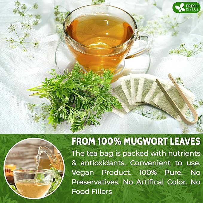 FreshDrinkUS, Premium 45 Mugwort Leaf Tea Bags, 100% Natural and Pure Mugwort Leaves. Loose Leaf Mugwort Herbal Tea. Mugwort Leaf Tea. No Sugar, No Caffeine, No Gluten, Vegan. (45 Tea Bags)