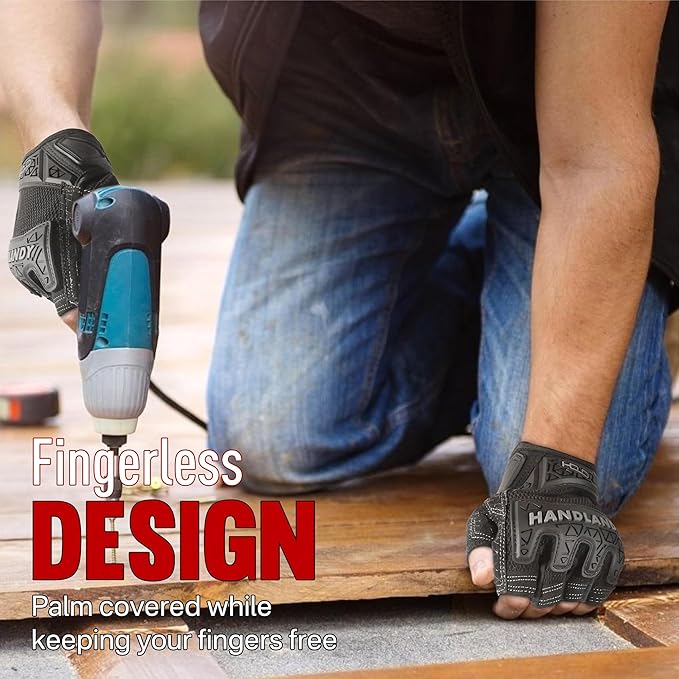 HANDLANDY Fingerless Work Gloves for Men, Padded Half Finger Tactical Mechanics Gloves, Utility Trucker Driver Gloves (Black, Medium (Pack of 1))