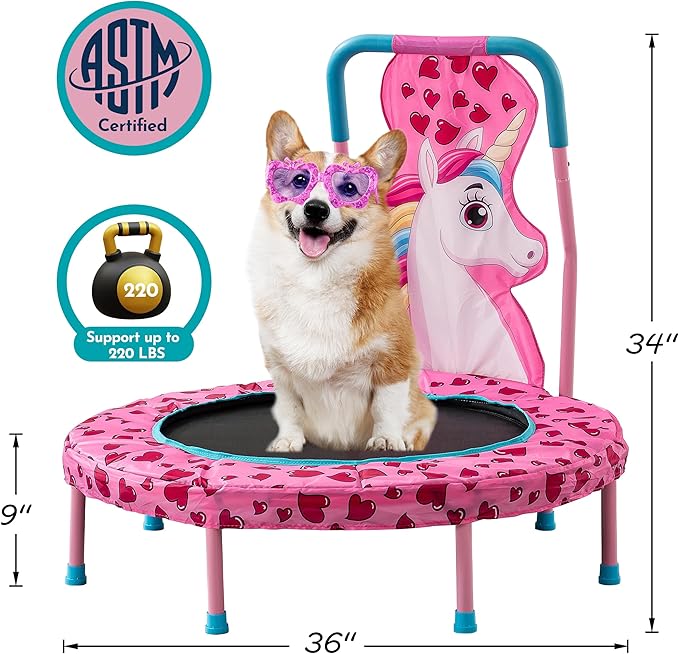 SSLine 36 inch Kids Small Baby Toddler Trampoline with No-Gap Spring Design, Mini Trampoline with Handle Bar and Safety Padded Cover, Indoor Outdoor Fun for Kids