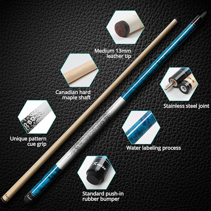 Kmise Professional Low-Deflection Pool Cue Stick, 58'' Canadian Hard Maple Wood Billiard Cue, 13mm Leather Tip, 3D Anti-Slip Grip, Precision Control for Adults/Beginners/Pros