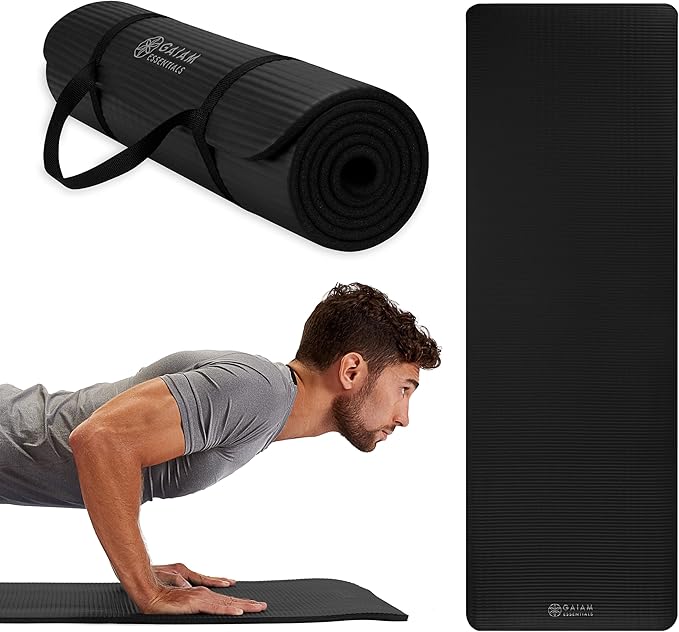 Gaiam Essentials Thick Yoga Mat Fitness & Exercise Mat with Easy-Cinch Yoga Mat Carrier Strap, 72"L x 24"W x 2/5 Inch Thick