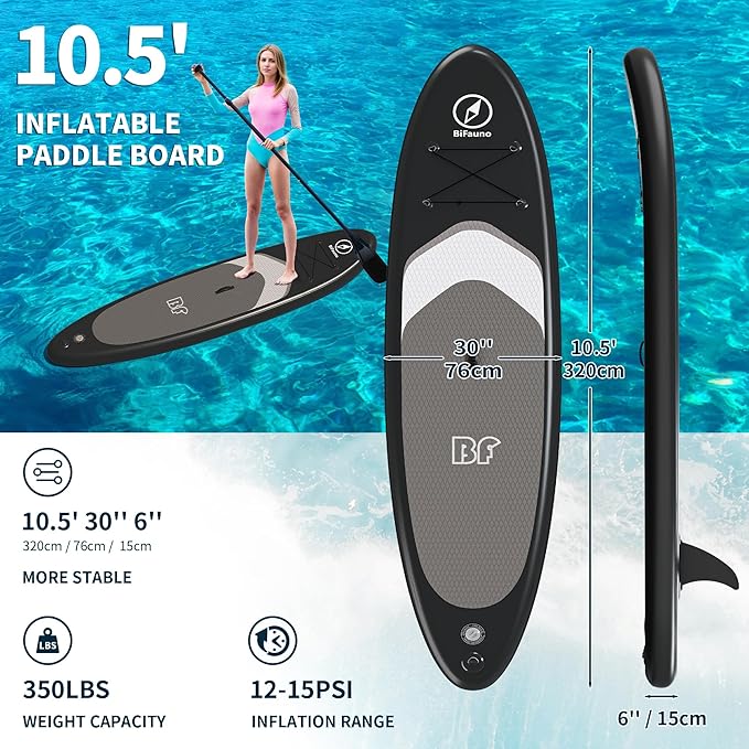 Inflatable Stand Up Paddle Board with SUP Accessories & Backpack. Paddle Boards for Adults. Non-Slip Deck, Wide Stance, Bottom Fin, Double Action Pump.