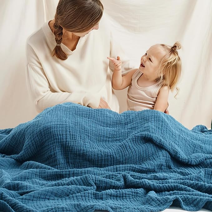 Carriediosa 100% Cotton Muslin Throw Blanket 66" X 90" Twin XL Size，4-Layers Summer Gauze Throws for Bed Couch，Soft Lightweight Breathable Linen Blankets Bedspread for Adults All Season，Dusty Blue