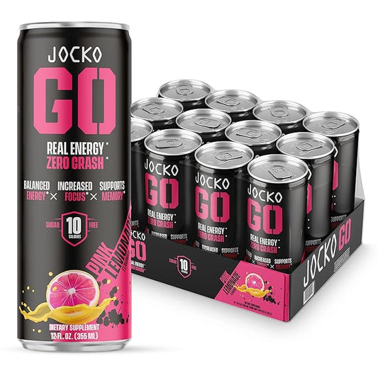 Jocko GO Energy Drink - Keto, Vitamin B12, Vitamin B6, Electrolytes, L Theanine, Magnesium- Energy Boost, Sugar Free Nootropic Monk Fruit Blend - 12 Pack (Pink Lemonade)
