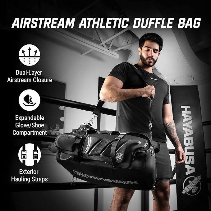 Hayabusa Airstream Athletic Duffle Gym Bag for Women and Men - Black, 50l duffle bag - 7 zippered Pockets, Good for travel, Boxing, MMA, BJJ, kickboxing, Muay Thai, wrestling, Glove/Shoe Compartment