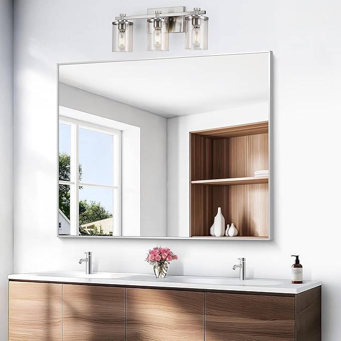 Silver Bathroom Mirror,40x48 inch Wall Mirror for Bathroom Wall Mounted,Large Rectangle Mirror for Bathroom Over Sink,Modern Metal Frame for Living Room,Bedroom Entryway,Horizontal/Vertical