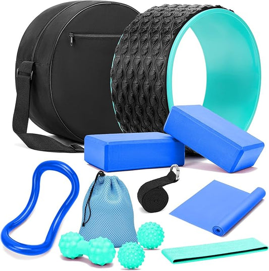 Yoga Wheel Set, Wheel Foam Roller with Back Cracker Roller for Pain Relief & Deep Tissue Massage and Stretching 500lbs Capacity, Trigger Point Therapy Massage Ball, Yoga Blocks 2 Pack with Strap