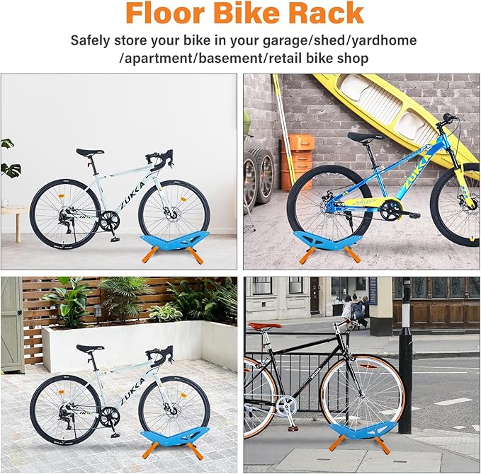 Adjustable Bike Parking Stand Fits 16-29 Inch Bicycles, Compatible with 23c-3.0 Tire Width – Heavy-Duty Plastic, Easy Installation, Stylish Two-Tone Design (Blue&Orange)