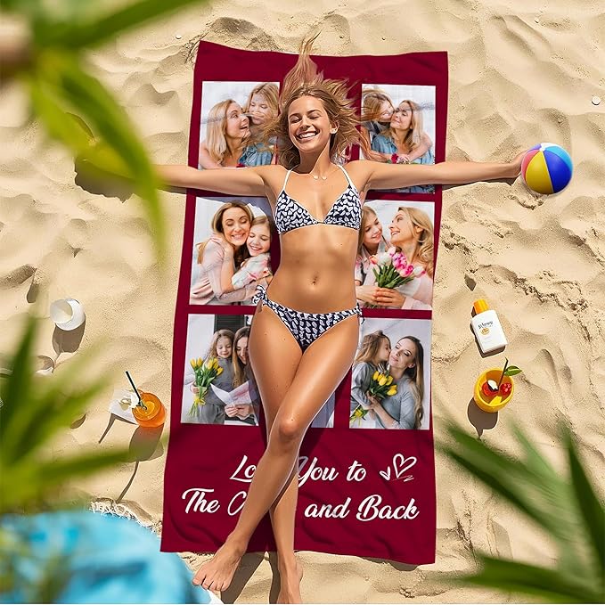 JML Mothers Day Birthday Gifts for Mom from Daughter Son, Personalized Beach Towel with Photo, Custom Beach Towel Gift for Mommy, Grandma, Women, Wife Anniversary Family Day, Summer, Holiday