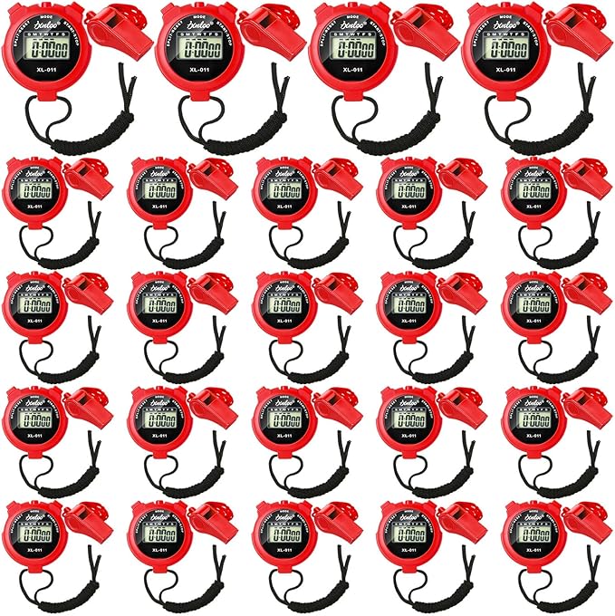 48 Pcs Digital Stopwatch Timer Plastic Whistle Bulk for Sports Coaches Referee Waterproof Watch Timer Whistle with Lanyard Multi Function Electronic Fitness Date Alarm (Red)