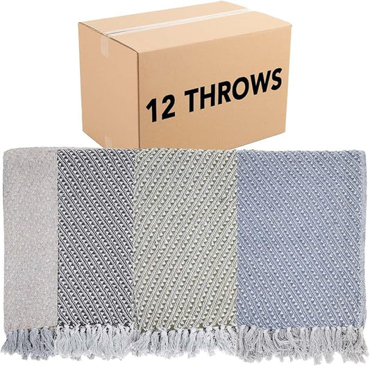 Arkwright Common Ground Bulk Blankets - Pack of 12 - Reversible 100% Cotton All Season Lightweight Couch Bed Throws for Wedding Guests, Travel, and Outdoor Events, 50 x 70 in, Diagonal