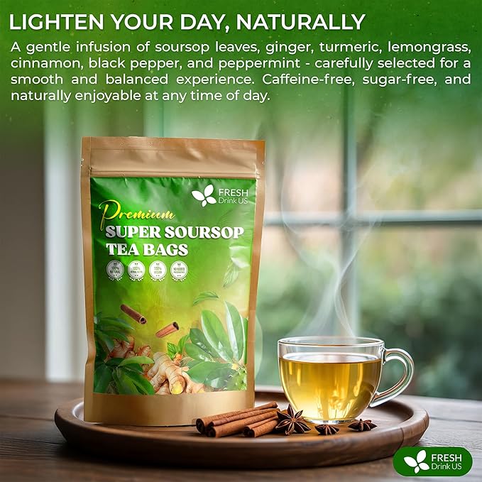 FreshDrinkUS, Super Soursop Herbal Tea – 40 Tea Bags | Soursop, Ginger, Turmeric, Lemongrass, Cinnamon, Black Pepper & Peppermint | Caffeine-Free, Natural Flavor, Plant-Based Blend | Sugar-Free