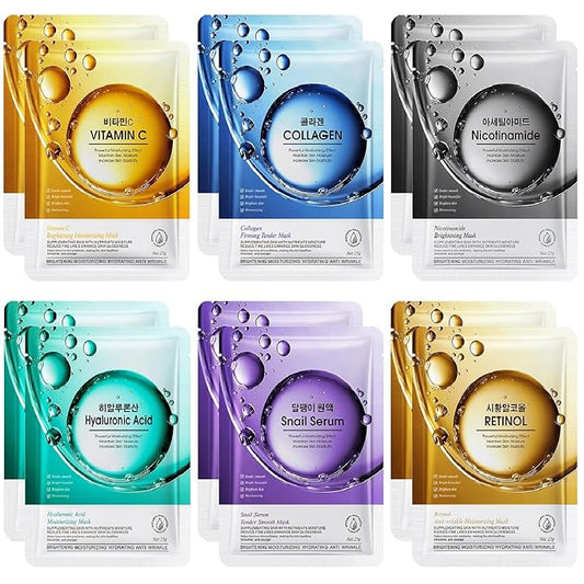 12 Pack Sheet Face Masks Skincare (Collagen, Hyaluronic acid, Snail, Retinol, Vitamin C, Niacinamide) Collagen Face Mask Hydrating Face Masks for Women Skin Care, Moisturizing, Brightening, Anti-Aging