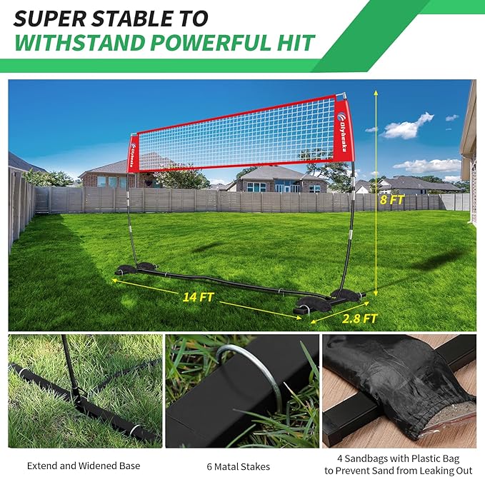 12ft/14ft Portable Volleyball Training Practice Net Set 5 Heights Adjustable for Indoor Outdoor with Tetoron Net, Freestanding Base, PU Volleyball, Carry Bag, Sandbags - Instant Set Up