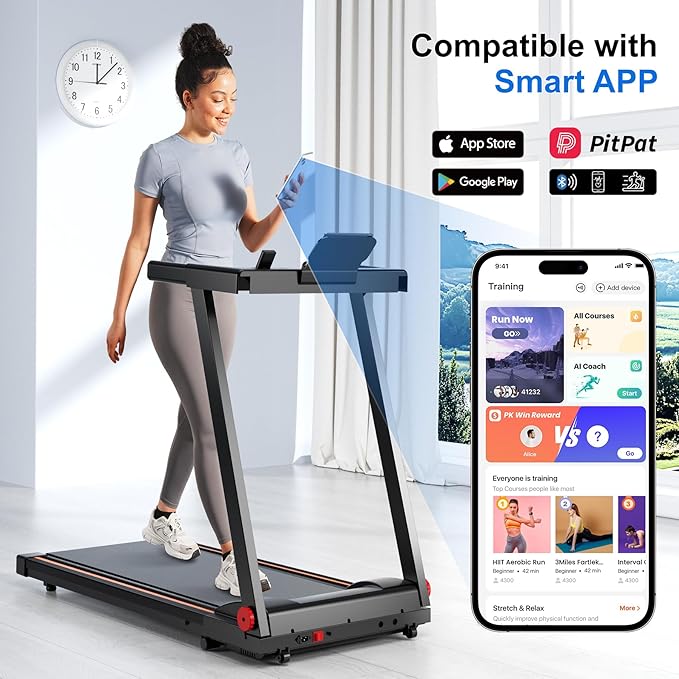 Treadmill with 5% Incline, 300lbs Capacity Folding 15 HP Small Treadmills for Home Portable Running Treadmill with Handles Quiet Brushless Dual Cushion System, Electric Compact Treadmil