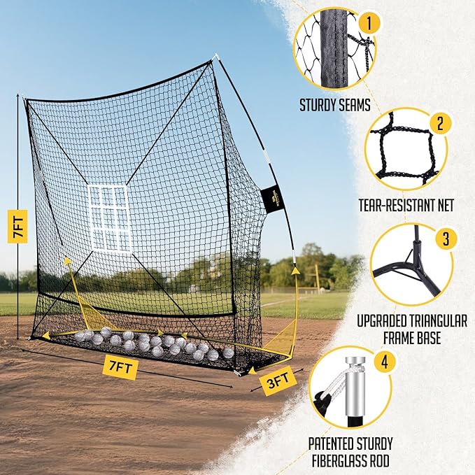 PodiuMax 7x7 Baseball & Softball Net with Upgraded Triangular Base, Large Ball Collection System, Softball Pitching Net with 2 Strike Zone, Baseball Nets for Batting Pitching Fielding