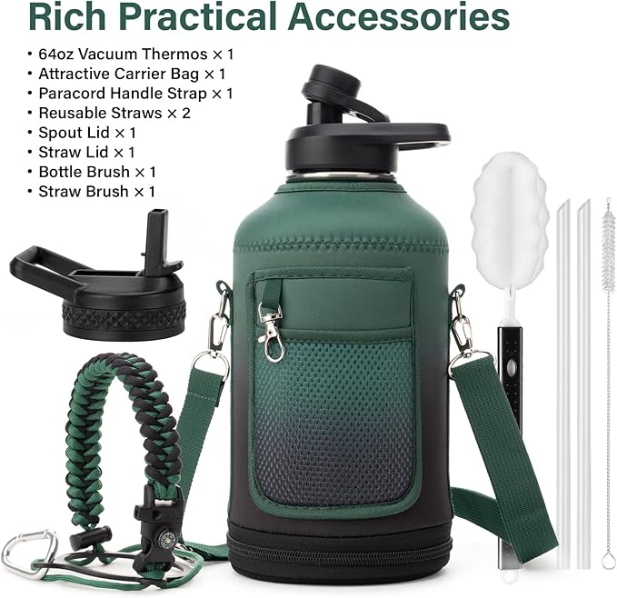 Insulated Water Bottle | Thickened Stainless Steel Vacuum Metal | Portable Sports Half Gallon Large Water Jug for Gym and Hiking with Straw, Carrier Bag, Handle Strap | BPA-Free 64 oz