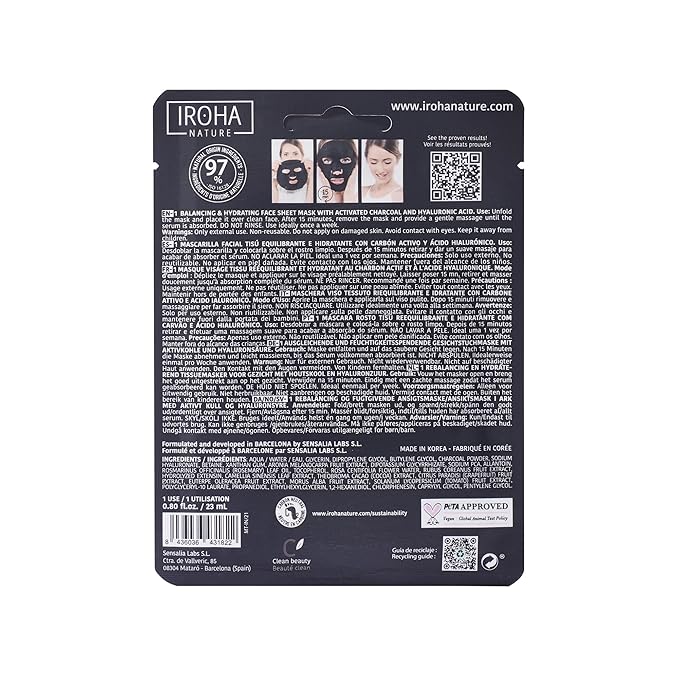 IROHA NATURE Face Masks - Packs for Better Skin (Pack of 5, Rebalancing & Hydrating Tissue Face Mask with Charcoal & Hyaluronic Acid)