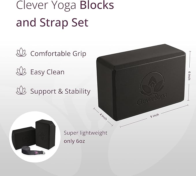 Clever Yoga Blocks & Strap - Lighweight Foam Yoga Blocks 2 Pack with 8ft Cotton Yoga Strap Set Kit for Beginners & Pros, Accessories & Equipment for Women & Men - Gray