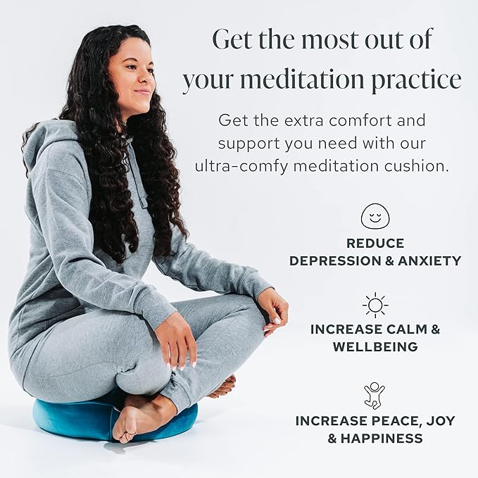 Mindful & Modern Velvet Meditation Cushion | Luxe Zafu Yoga Floor Pillow Seat | Posture Support | Buckwheat Hull Filled | Large Round Cushion with Removable Washable Cover + Carry Handle | Color Teal