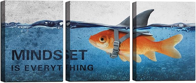 3 Panels Modern Framed Inspirational Canvas Wall Art Goldfish Body Strong Shark Heart Mindset is Everything Motivational Wooden Decor Posters for Office Gym Classroom Home Decoration(48''W x 24''H)