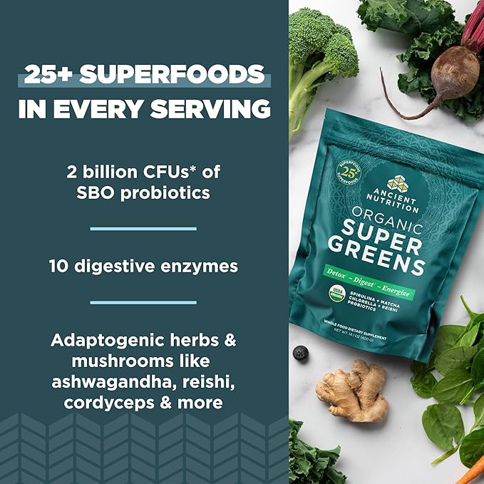 Ancient Nutrition Super Greens Powder, Organic Superfood Powder with Probiotics Made with Spirulina, Chlorella, Matcha, and Digestive Enzymes, 50 Servings, 14.1 oz