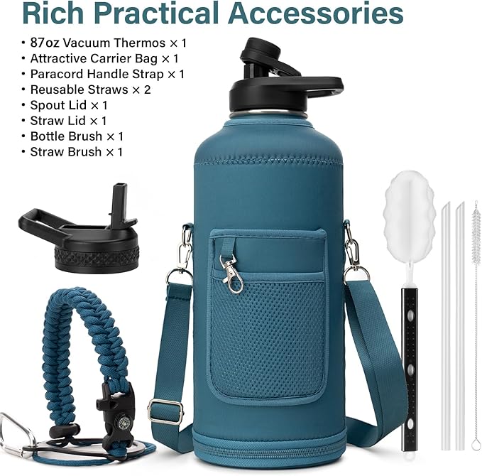 Insulated Water Bottle | Thickened Stainless Steel for Gym and Hiking with Straw, Carrier Bag, Handle Strap | BPA-Free 87 oz