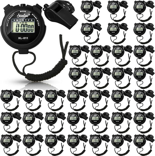 72 Pcs Digital Stopwatch Timer Plastic Whistle Bulk for Sports Coaches Referee Waterproof Watch Timer Whistle with Lanyard Multi Function Electronic Fitness Date Alarm (Black)