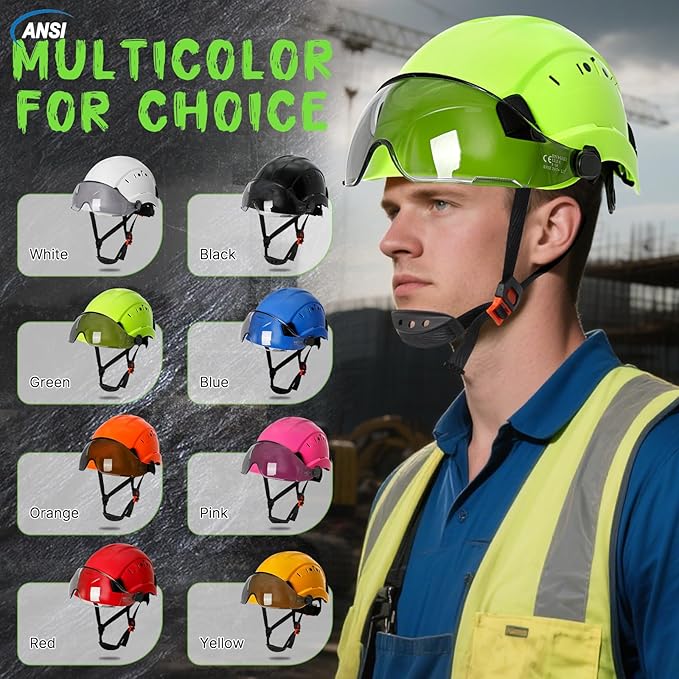 Aolamegs Construction Hard Hats for Adults - Hard Hats Construction OSHA Approved with Smoke Visor for Men Women ANSI Z89.1 Vented Safety Helmet, Hard Hat with Chin Strap,6 Point Suspension （Green