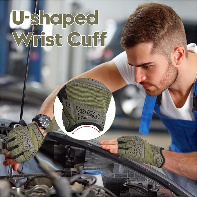 HANDLANDY Tactical Fingerless Impact Gloves for Men, Padded Grip Half Finger Work Gloves, Utility Trucker Driver Gloves (Army Green, X-Large (Pack of 1))
