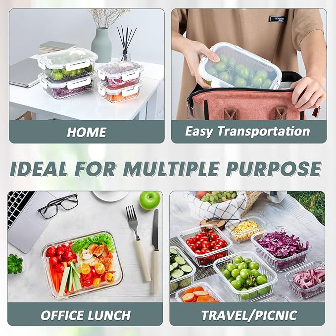 10 Packs Glass Food Storage Containers Set, Glass Meal Prep Containers with Lids, Airtight Lunch Containers, Microwave, Oven, Freezer and Dishwasher Safe, White