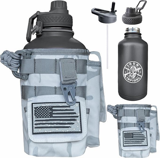 Iron Infidel Battle Bottle - Half Gallon Insulated Water Bottle with Paracord Handle, 64 oz Stainless Steel 2L Water Jug with Rugged, Removable Sleeve for Keys, Wallet, & Phone (Arctic Camo 2 Liter)