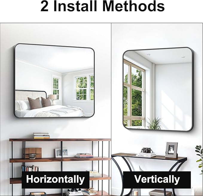 36x40 inch Bathroom Mirror,Black Rectangle Mirror,Wall Mounted Bathroom Frame Vanity Mirror with Round Corner for Bedroom Living Room,Entryway Hangs Horizontal or Vertical