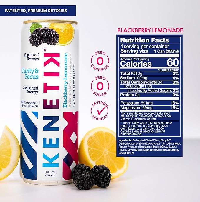 KENETIK Nootropic Ketone Drink, Ketones for Energy & Focus, Caffeine & Sugar Free, High Performance D-BHB Ketone Mix, Fuel w/Zero Crash or Jitters, Ready to Drink - Blackberry Lemonade 12 Pk