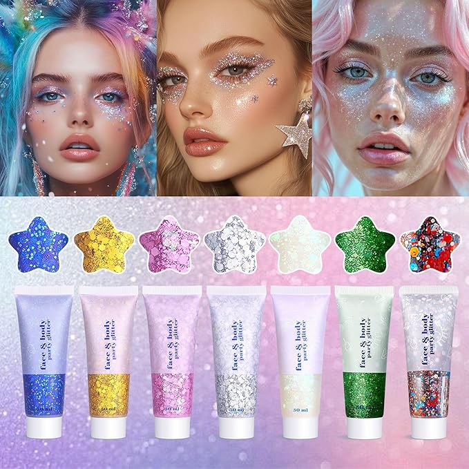 Body Glitter Gel - 4th of July Accessories, Sparkly Chunky Glitter Hair for Kids Women, Iridescent Glitter Freckles, Singer Concert Festival Rave Accessories (Green Body Glitter)
