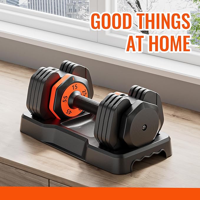 VEICK 25/55 lbs Adjustable Dumbbell with Anti-Slip Turning Handle, Fast Adjust Weight for Men Women, Exercise Equipment with Tray for Home Gym Full Body Workout Fitness