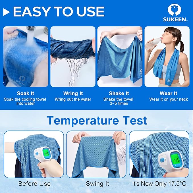 Sukeen Cooling Towel,Instant Evaporative Cooling for Sports,Yoga,Golf,Gym,Neck,Workout and More(40”x 12”)