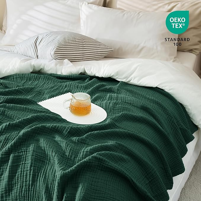Carriediosa 100% Cotton Muslin Throw Blanket 66" X 90" Twin XL Size，4-Layers Summer Gauze Throws for Bed Couch，Soft Lightweight Breathable Linen Blankets Bedspread for Adults All Season，Dark Green
