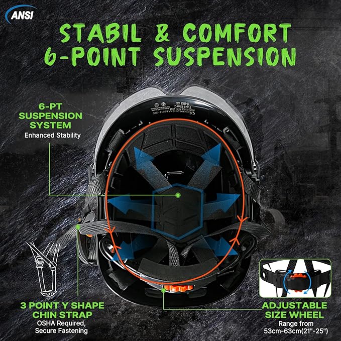 AOLAMEGS Construction Safety Hard Hat - ANSI Z89.1 Type Ι OSHA Approved Safety Helmets with Chin Straps Lightweight Reflective Vented ABS Hard Hats For Men Women Industrial Workwear 6-point Suspension