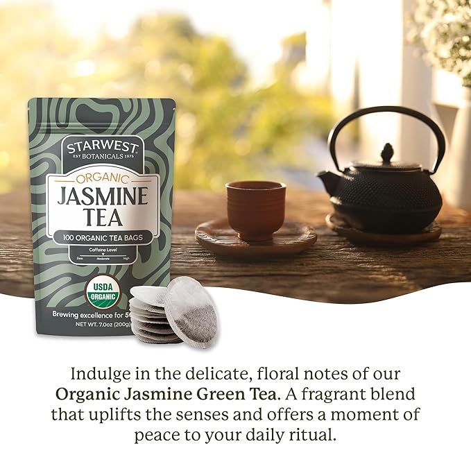 Starwest Botanicals Organic Jasmine Tea - Caffeinated Herbal Blend, Green Tea Scented with Natural Jasmine Flowers, Fragrant & Uplifting, Enjoy Hot or Iced, USDA Organic - Bulk Pack, 100 Tea Bags