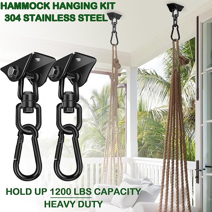 Hammock Hanging Kit 2 Pack, Porch Swing Hanging Kit 1200 Lb Capacity, Hammock Ceiling Hooks Heavy Duty 360°Rotating Hanging Swing Chair Hardware for Hammock Chair Stand, Porch, Yoga, Gym