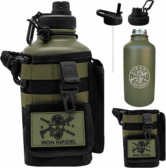 Iron Infidel Battle Bottle - Half Gallon Insulated Water Bottle with Paracord Handle, Large 64 oz Stainless Steel Water Jug with Rugged, Removable Sleeve for Keys, Wallet & Phone (Widowmaker 2L)