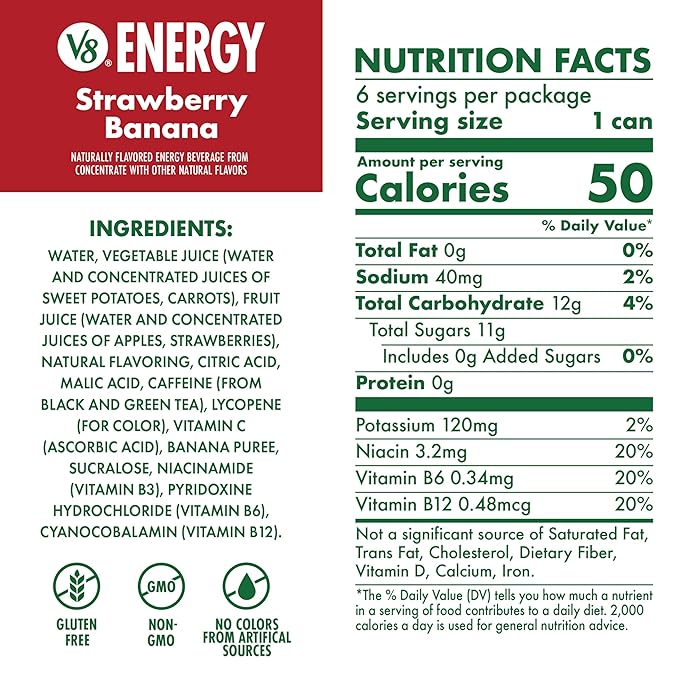 V8 +Energy Strawberry Banana Juice Energy Drink, 8 fl oz Can (24 Pack)