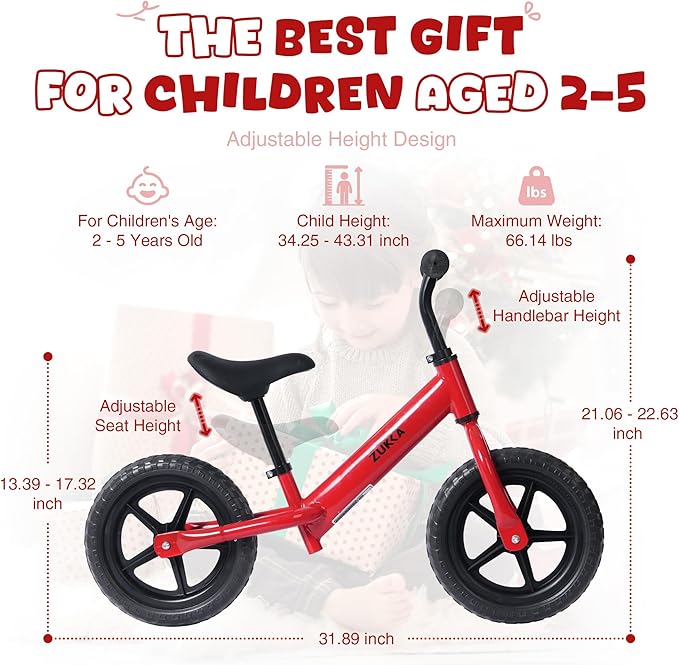 12 inch Toddler Balance Bike Adjustable Handlebar & Seat Anti-Slip Grip Suitable for 2-5 Years Old with Footrest Lightweight for Tolddlers Boys Girls Multiple Colors to Choose