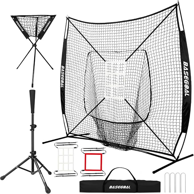 7'×7' Baseball Softball Practice Net,Baseball Backstop,with Batting Tee,Ball Caddy,for Hitting Pitching Batting Catching with Bow Frame,Bonus Strike Zone,Portable and Foldable