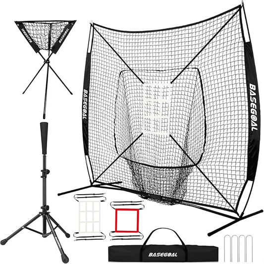 7'×7' Baseball Softball Practice Net,Baseball Backstop,with Batting Tee,Ball Caddy,for Hitting Pitching Batting Catching with Bow Frame,Bonus Strike Zone,Portable and Foldable