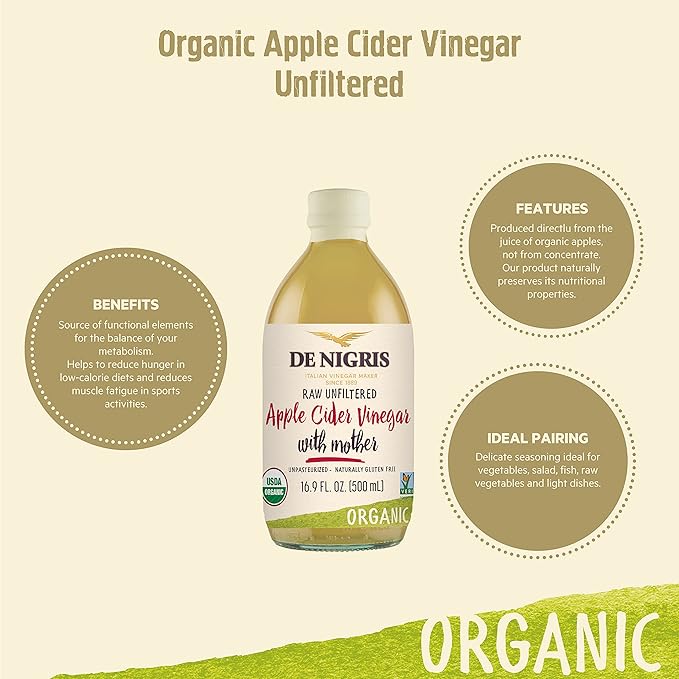 De Nigris Organic Apple Cider Vinegar Raw & Unfiltered 16,9 Oz (Pack of 2) | Apple Cider Vinegar With Mother A Source Of Functional Elements For The Balance Of Metabolism | Organic
