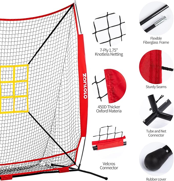 7x7 ft Baseball Net, Pitching & Batting Net with Batting Tee, Designed with Large Ball Collection System, 2 Strike Zones, Carry Bag, Baseball Softball Net for Batting Pitching Hitting and Throwing